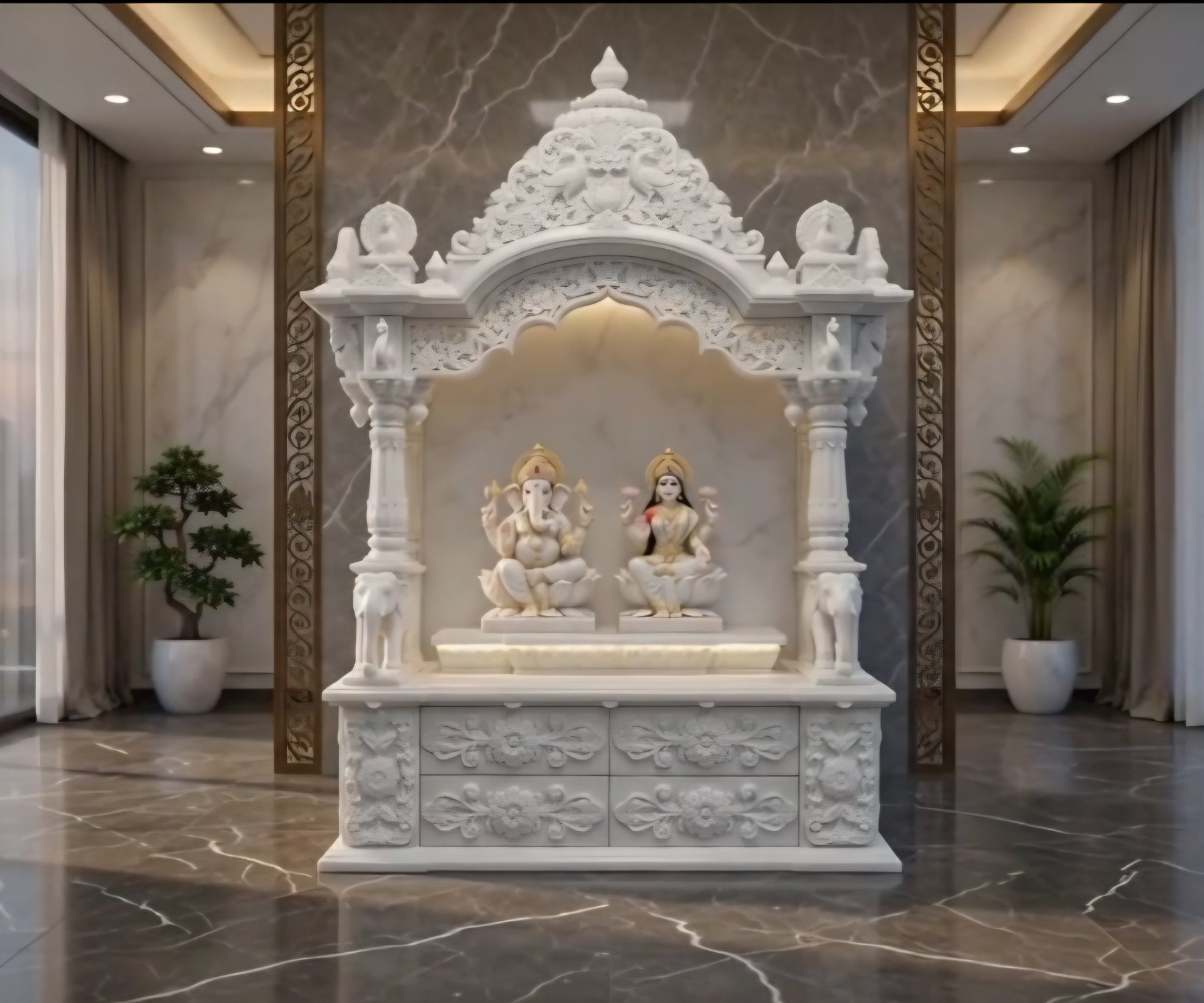 Hand-carved white marble mandir for home with Ganesh and Lakshmi enshrined beneath a carved shikhara