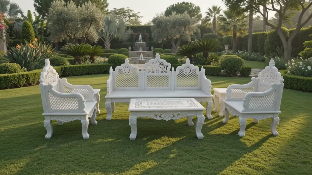 Hand-carved white marble garden seating set installed on a lawn