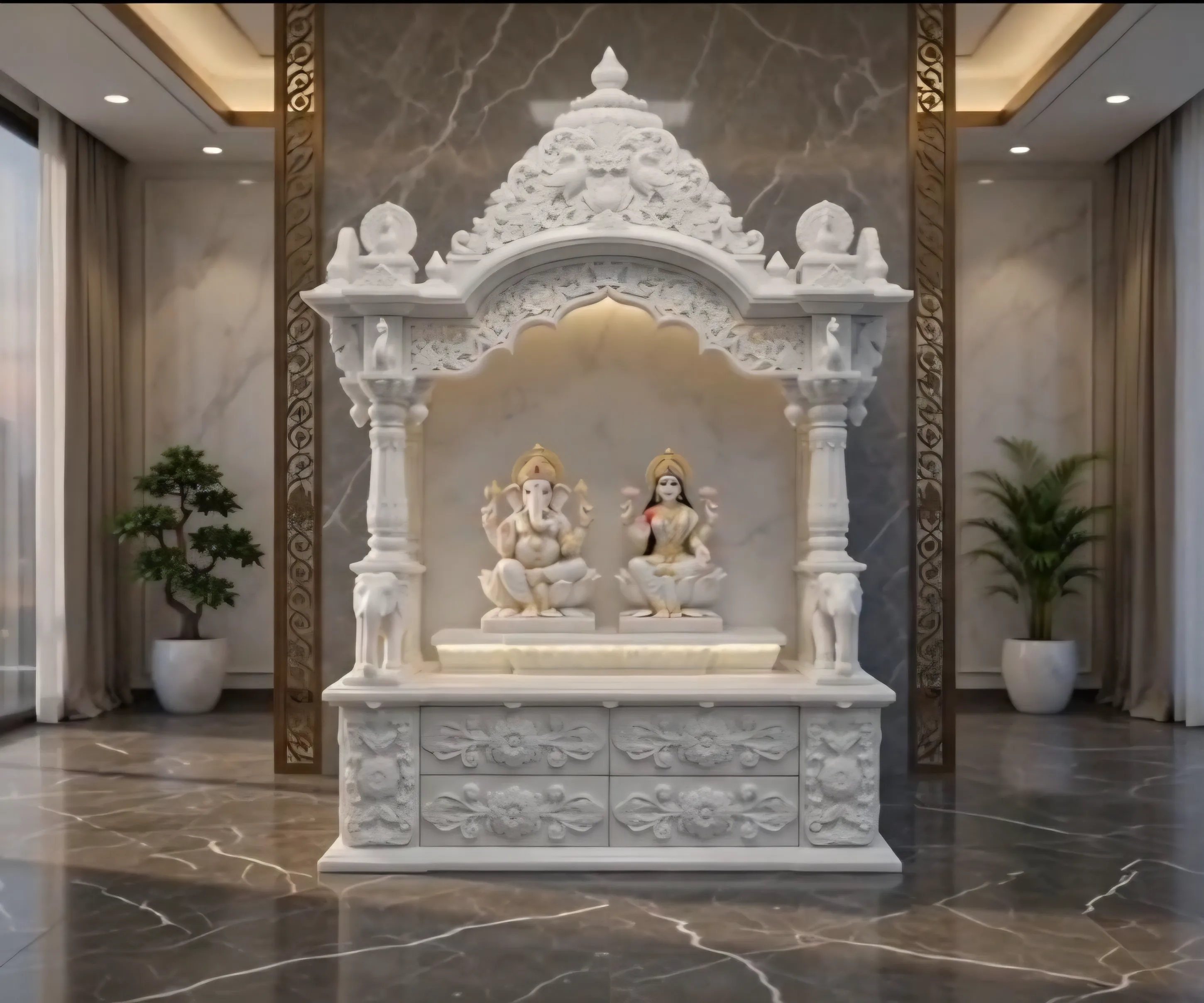 Peacock Dome Mandir — Makrana White, Hand-carved finish