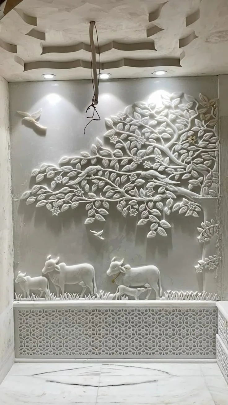 Tree of Life Panel — Makrana White, Hand-carved relief finish