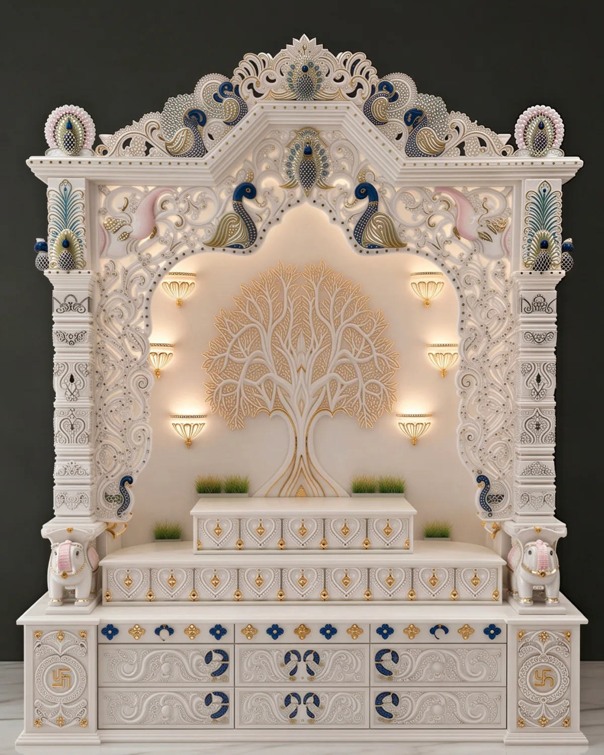 White Makrana marble mandir for home with a gold tree of life inlay, peacock jali crest and lapis drawer panels